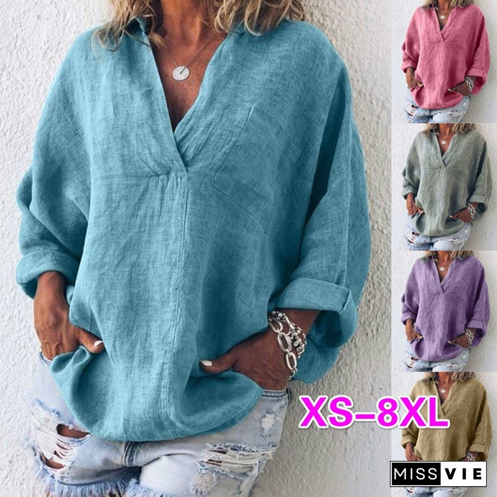 XS-8XL Autumn Tops Plus Size Fashion Clothes Women's Casual Long Sleeve Tee Shirts Deep V-neck Tunic Tops Ladies Blouses Pullover Loose T-shirts Solid Color Linen Blouses