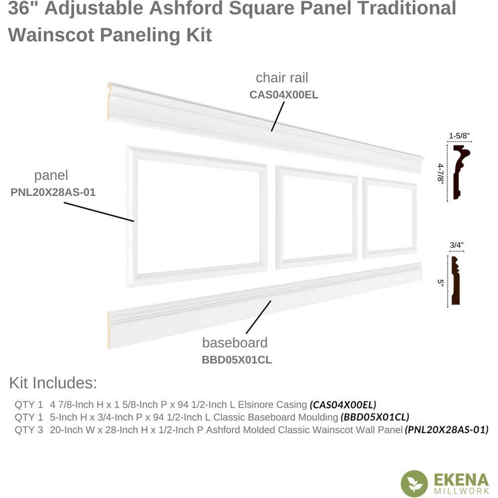 Ekena Millwork 94 12 in. (Adjustable 36 in. to 40 in.) 23 sq. ft. Polyurethane Ashford Square Panel Wainscot Kit Primed WPKUSQ091P036