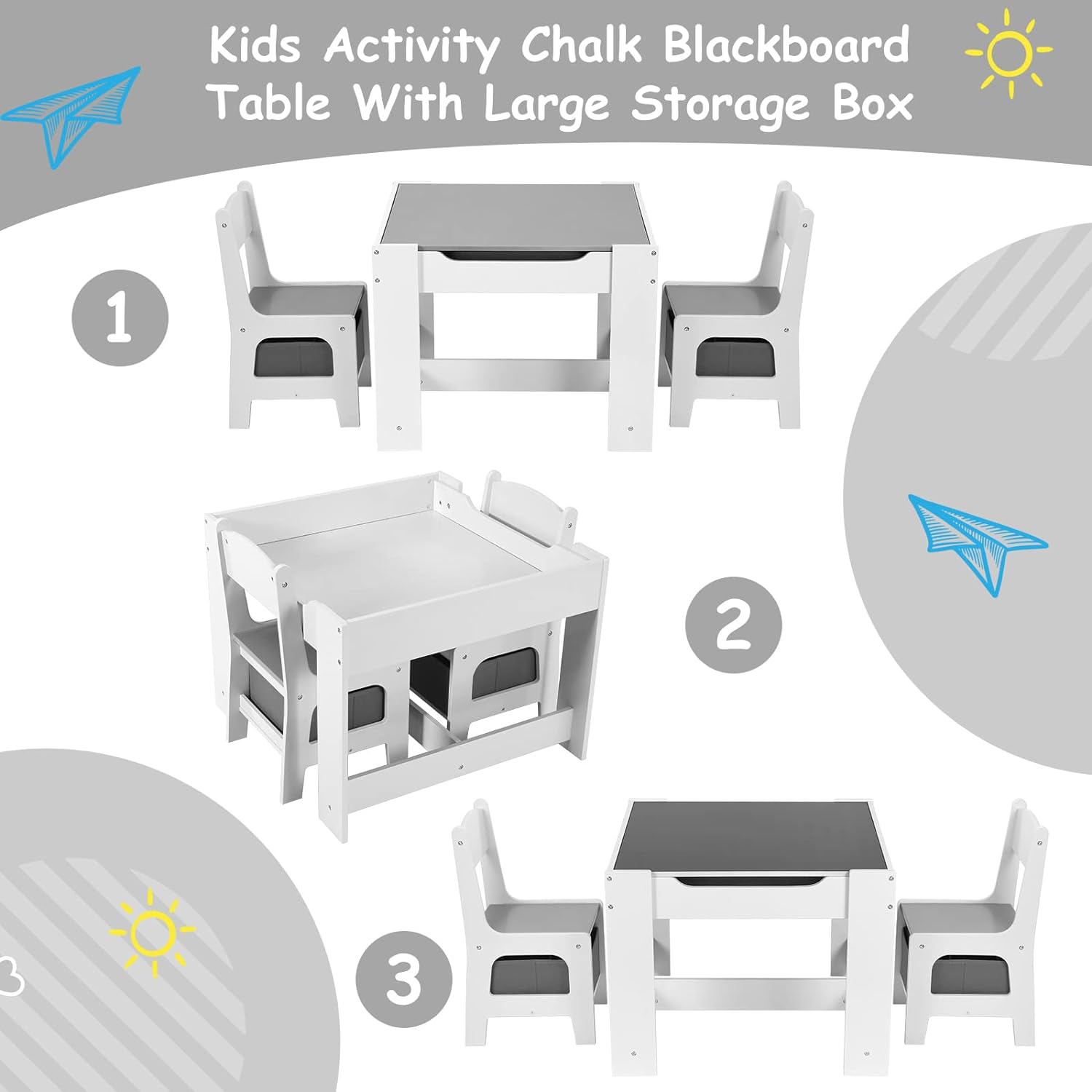 Kids Table and Chairs Set with Storage Drawers, Drawing Black Board Desk