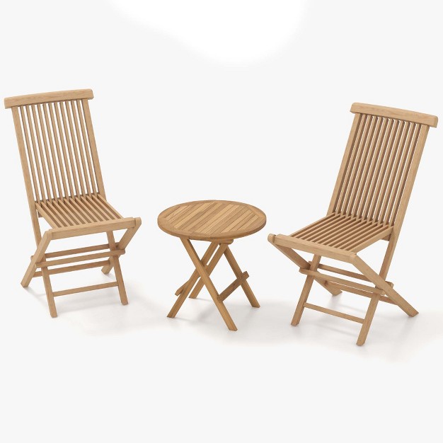 Costway 3pcs Patio Bistro Set Round Table Teak Wood Folding Chair Slatted Tabletop Seat