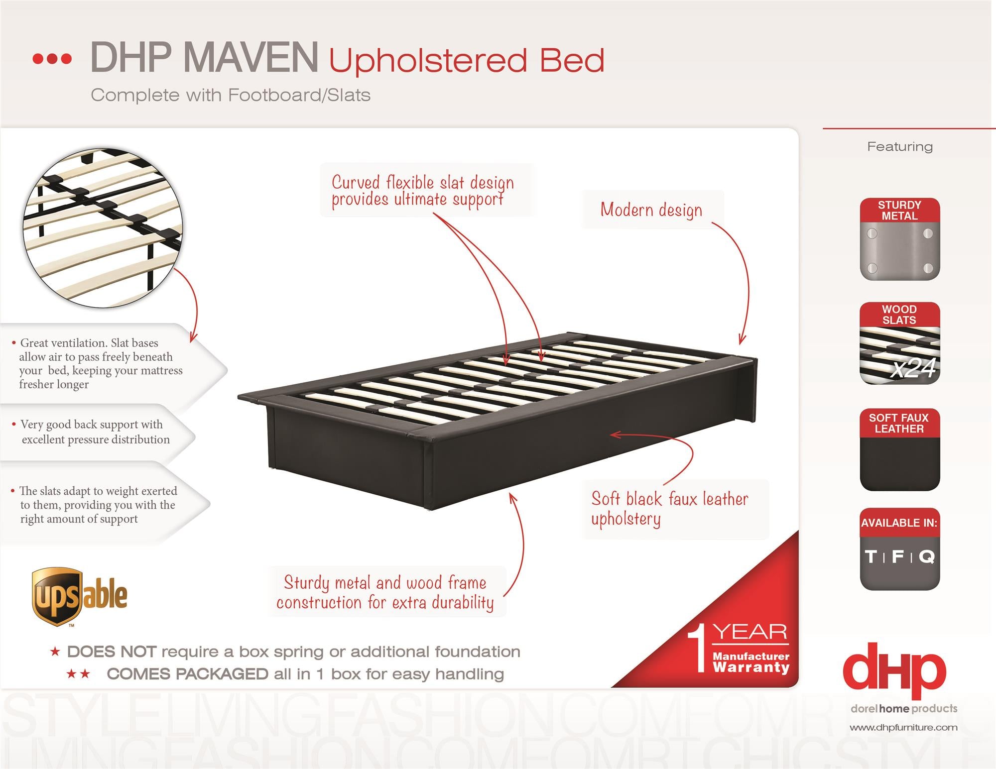 DHP Maven Upholstered Bed, Queen, Black