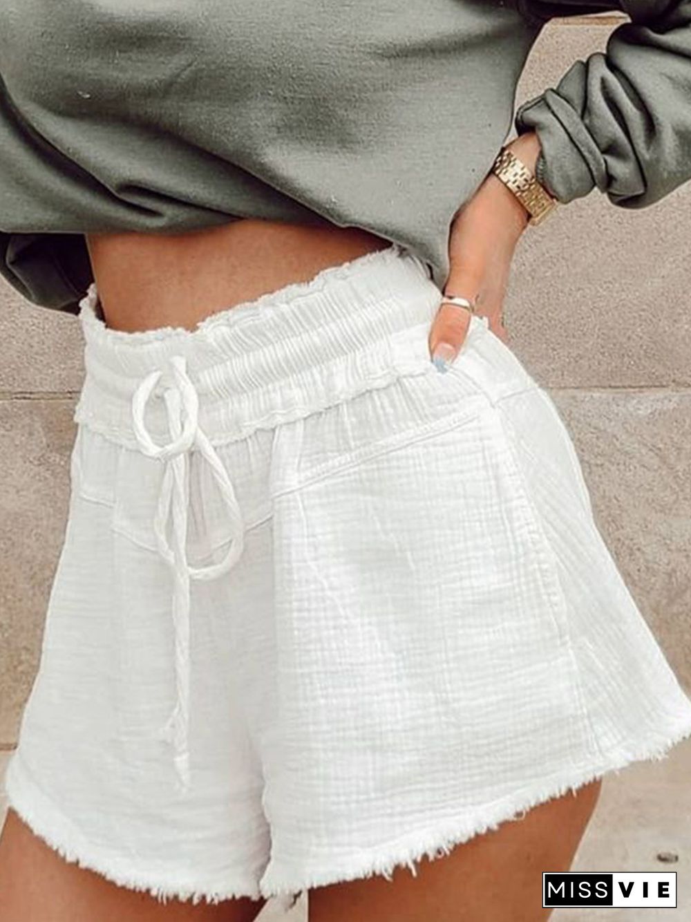 Vintage Solid Pockets Plus Size Casual Shorts