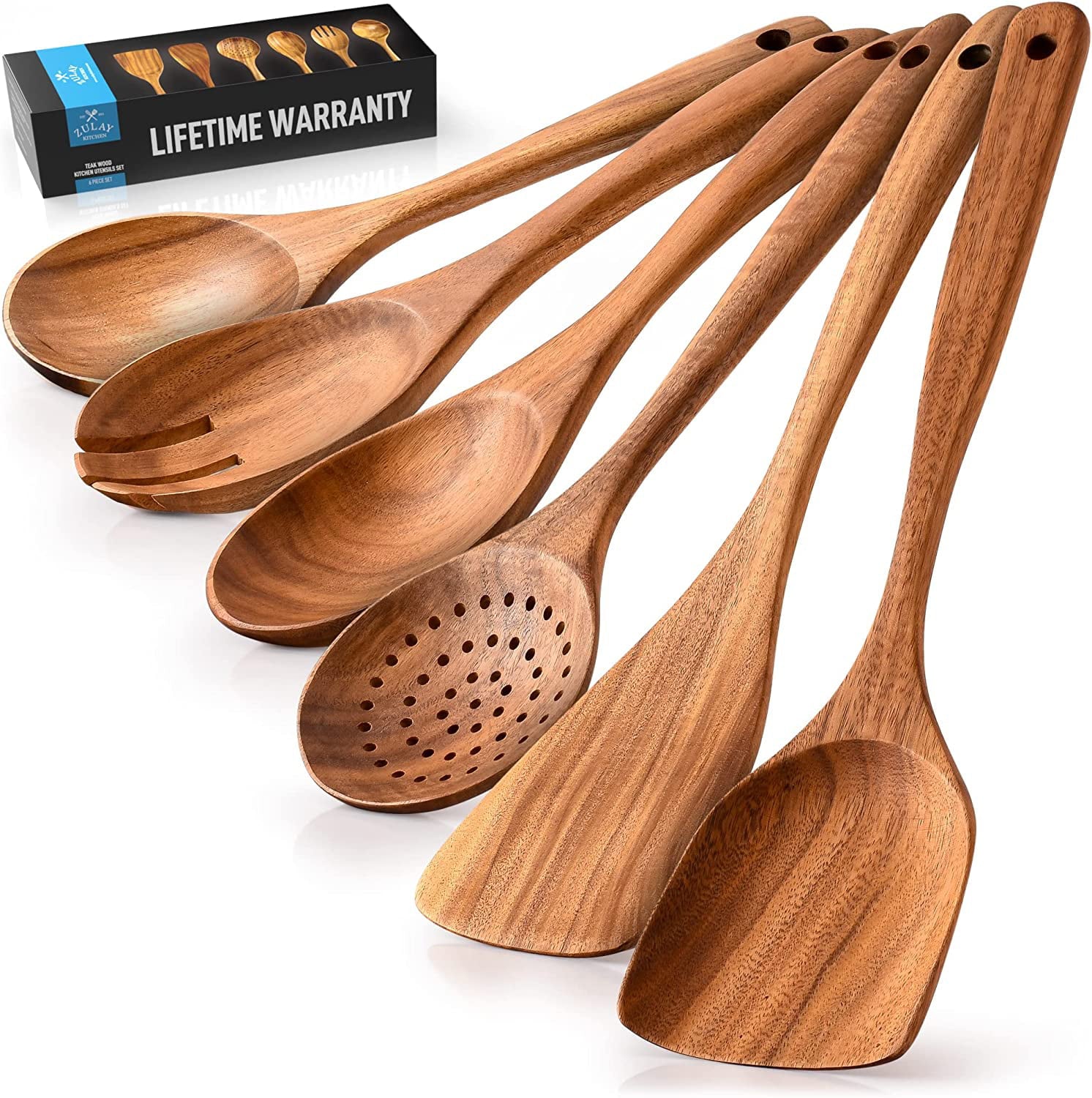 Zulay Kitchen (6 Pc Set) Teak Wooden Cooking Spoon Utensils Set in Non-Stick Smooth Finish