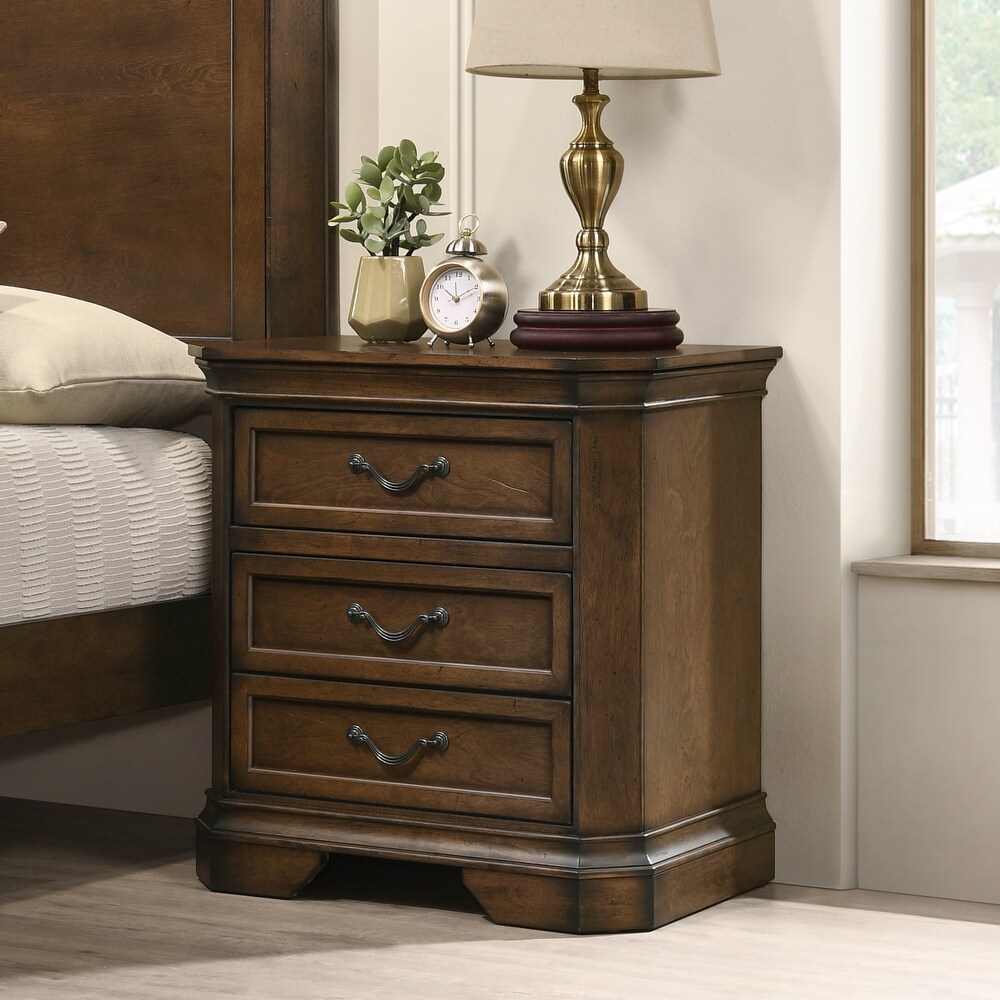 Roundhill Furniture Maderne 3 Piece Wood Bedroom Set  Panel Bed and Two Nightstands  Antique Walnut Finish