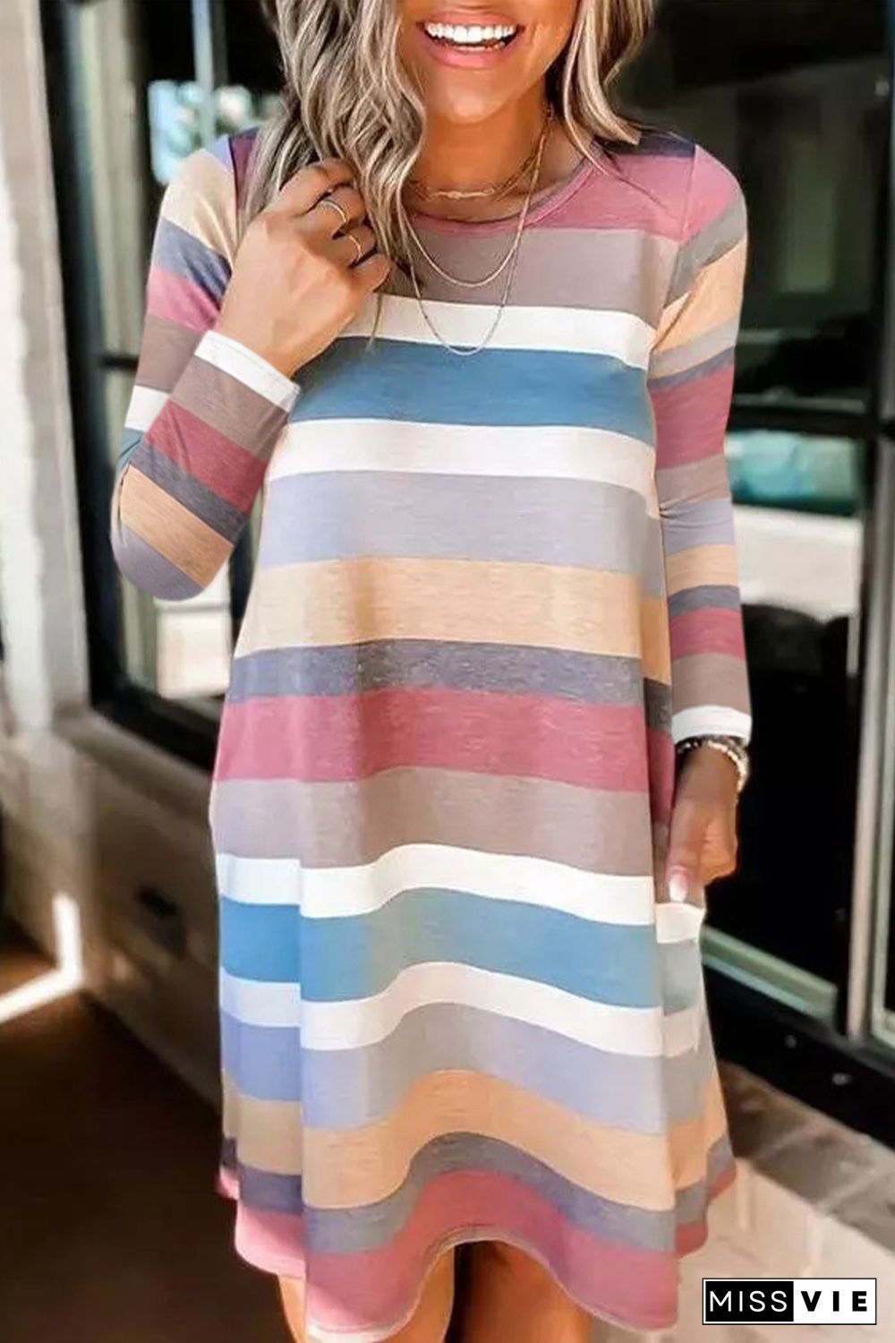 Rainbow Long Sleeve Stripes Mini Dress