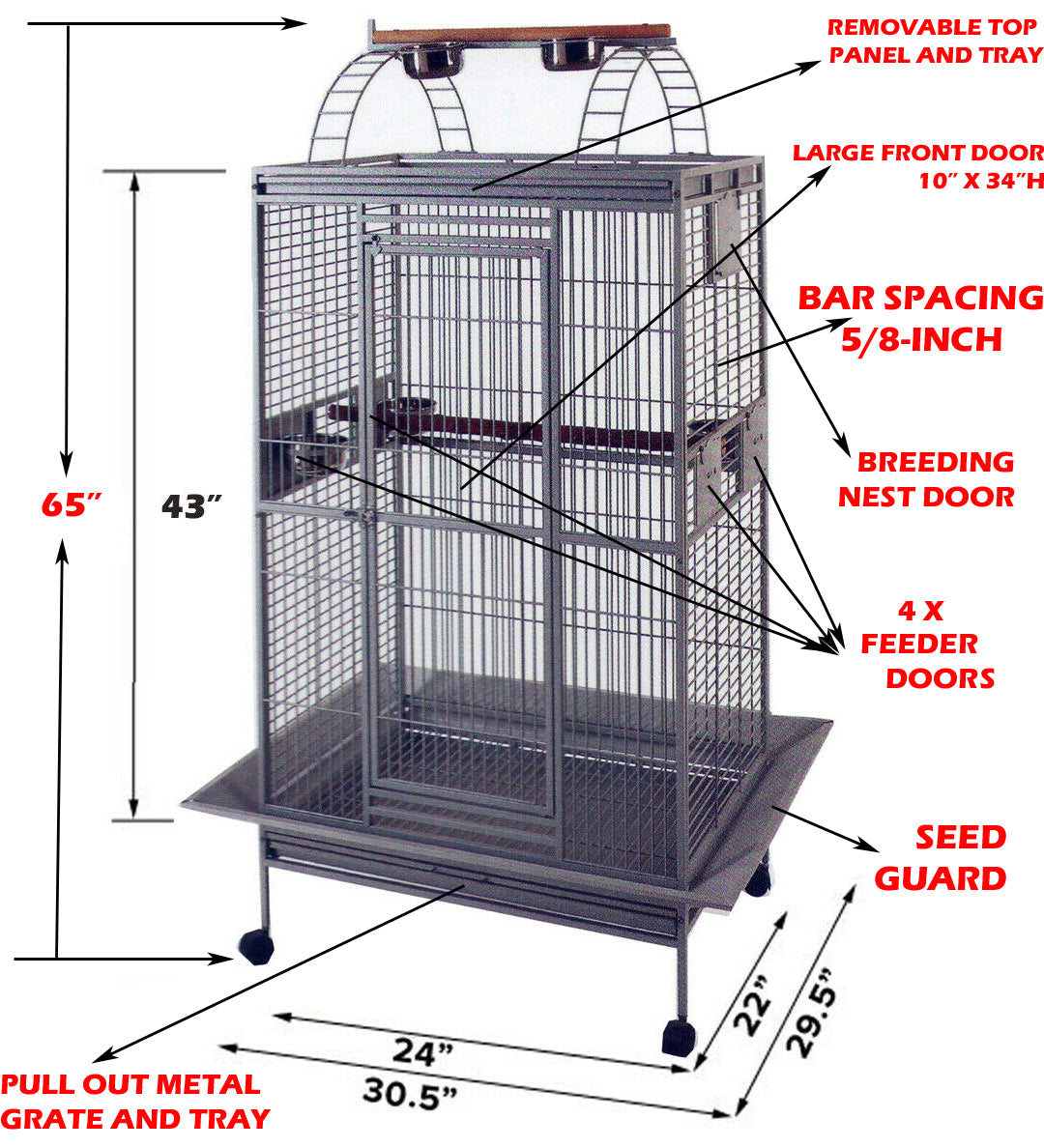 Large Deluxe and Durable Wrought Iron Bird Parrot Open Play Perch Stand Ladder Top Rolling Cage With Toy Hook and Metal Seed Guard