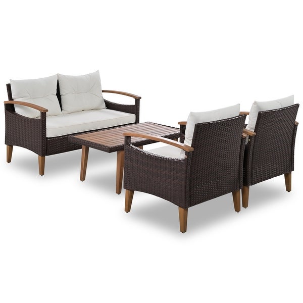 4-Piece Garden Furniture， Patio Conversation Sets， PE Rattan Outdoor Sofa Seating Set with Wood Table and Adjustable Legs Design - Overstock - 37853223