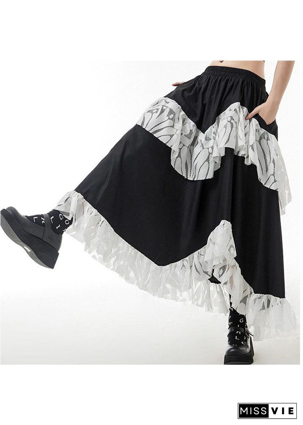 Fashion Black elastic waist Lace Patchwork Skirts Spring