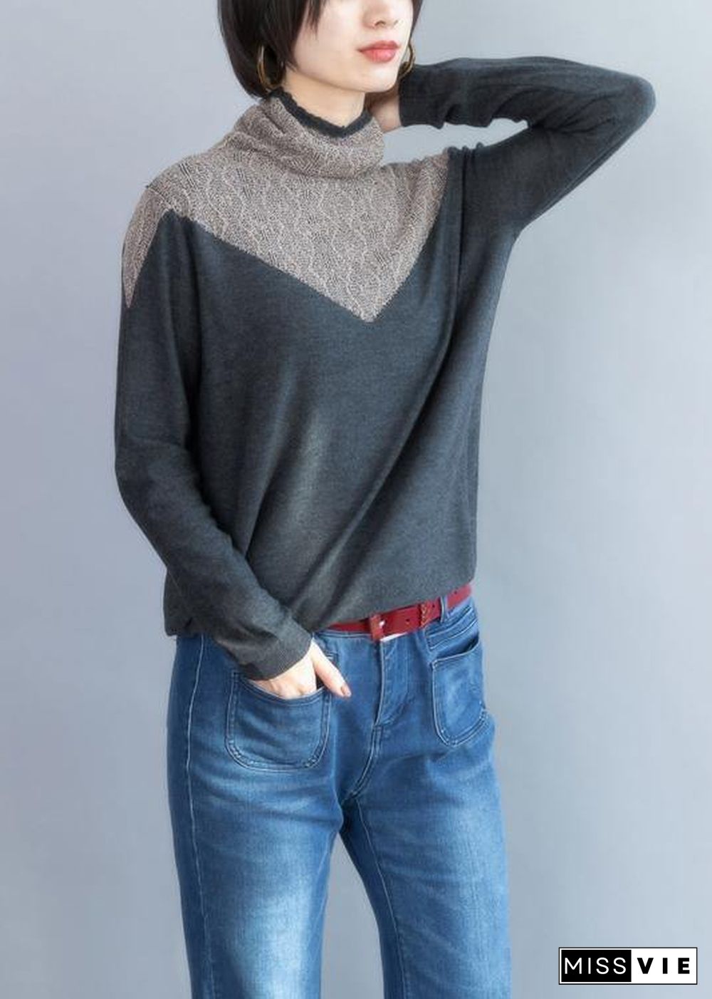 Pullover gray knit tops plus size high neck Sweater Blouse