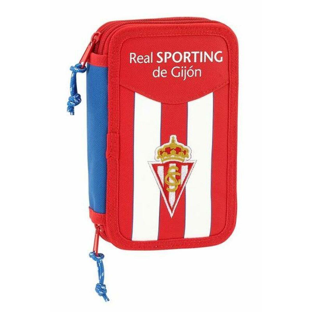 Double Pencil Case Real Sporting de Gijón White Red Sporting 28 Pieces 12.5 x 19.5 x 4 cm