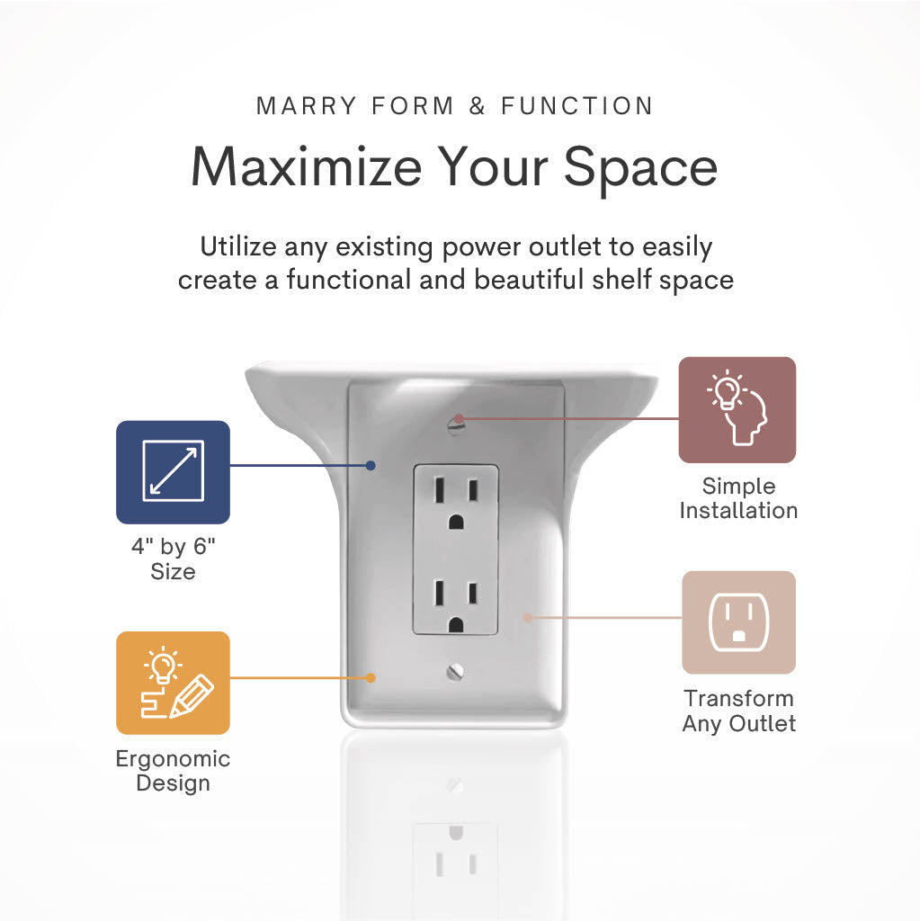 Power Perch Outlet Shelf - Use Existing Outlet to Create a Shelf - Cord Management - Easy Installation - White - 1PK