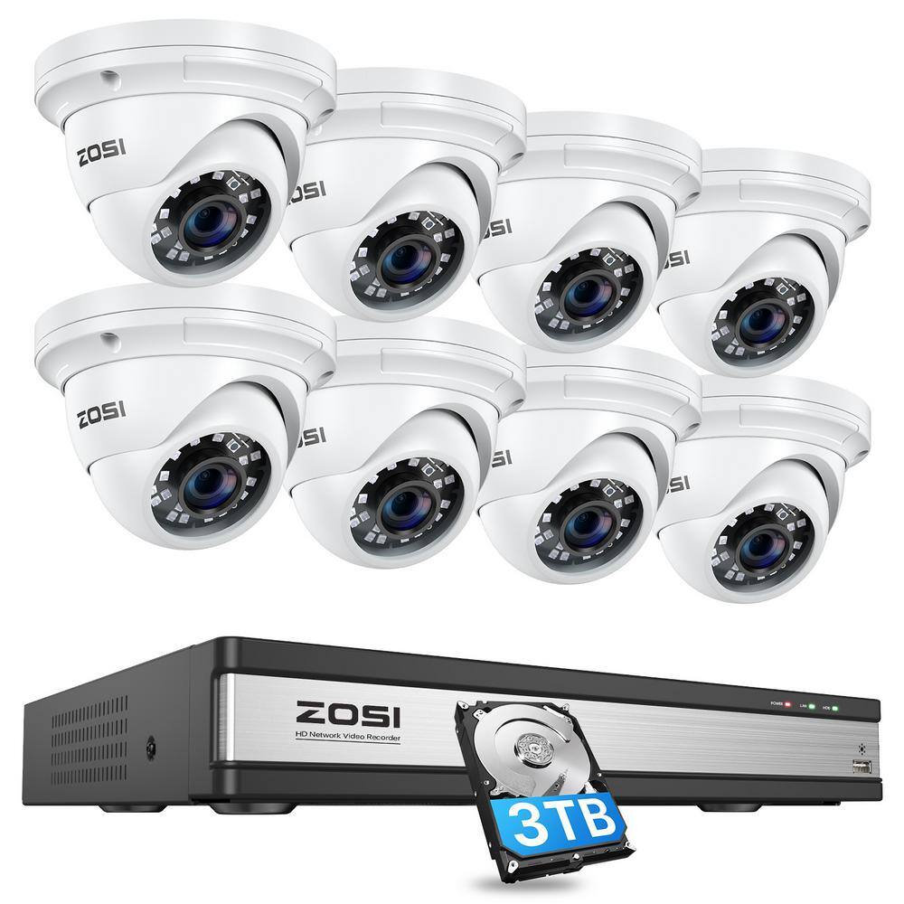 ZOSI 4K POE 16-Channel 3TB Hard Drive NVR Security Camera System with 8 Wired 5MP Outdoor IP Dome Cameras 16DK-4285W8-30-US-A2