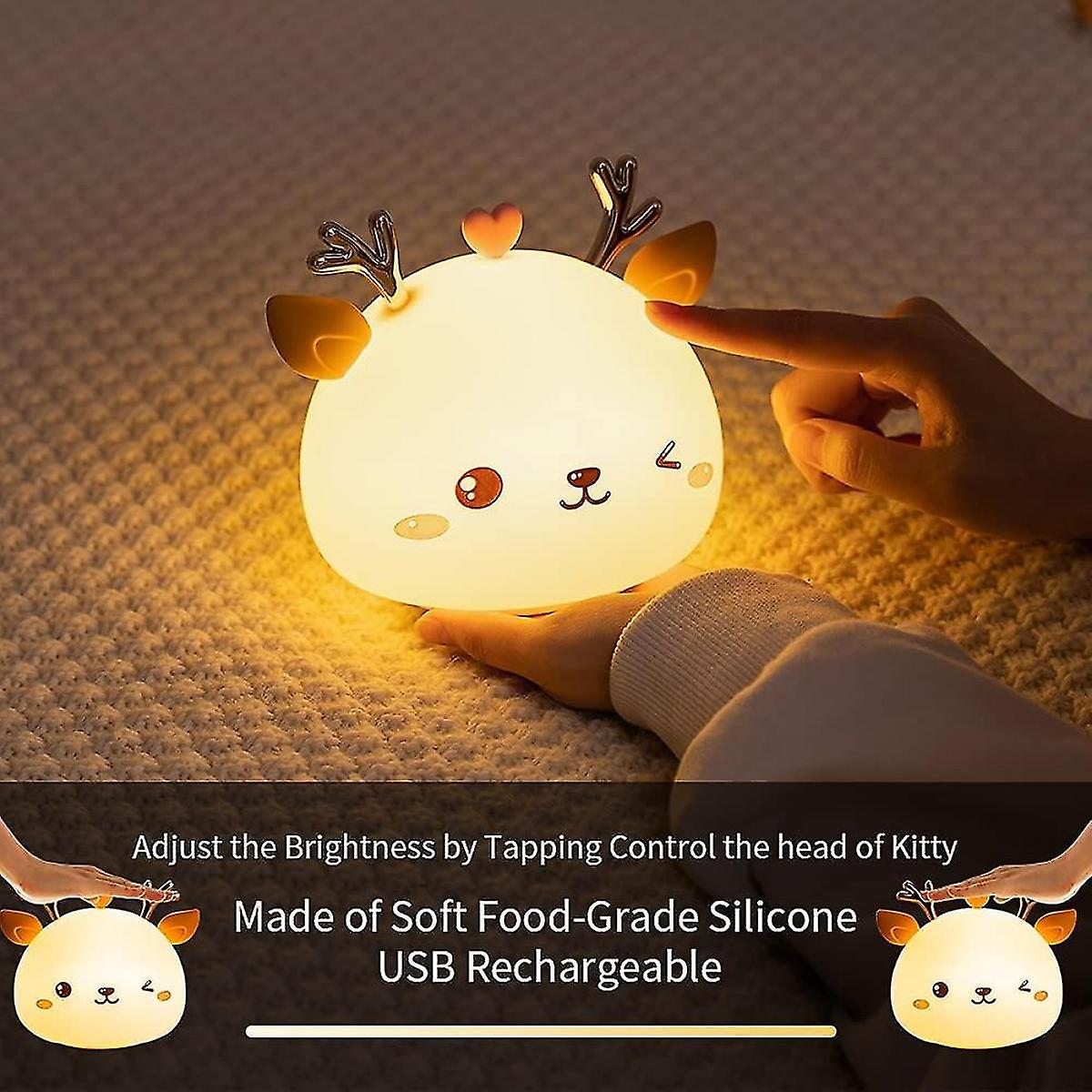 Rechargeable Led Kid Night Light， Bedside Lamp， Girl Boy Portable Silicone Night Light， Multicolor Deer Lamp With Touch Contro