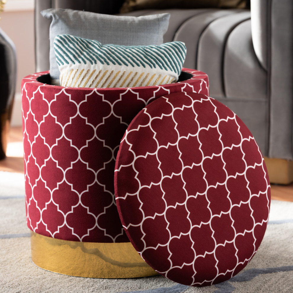 Sybil Quatrefoil Velvet Fabric Upholstered Storage Ottoman  Red   Mediterranean   Footstools And Ottomans   by Urban Designs  Casa Cortes  Houzz