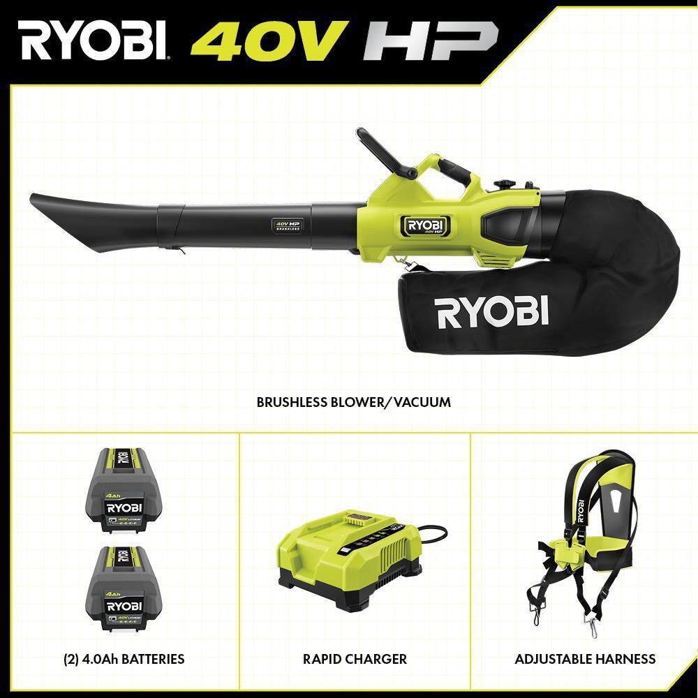 RYOBI 40V HP Brushless 100 MPH 600 CFM Cordless Leaf BlowerMulcherVacuum with (2) 4.0 Ah Batteries and Charger RY404150