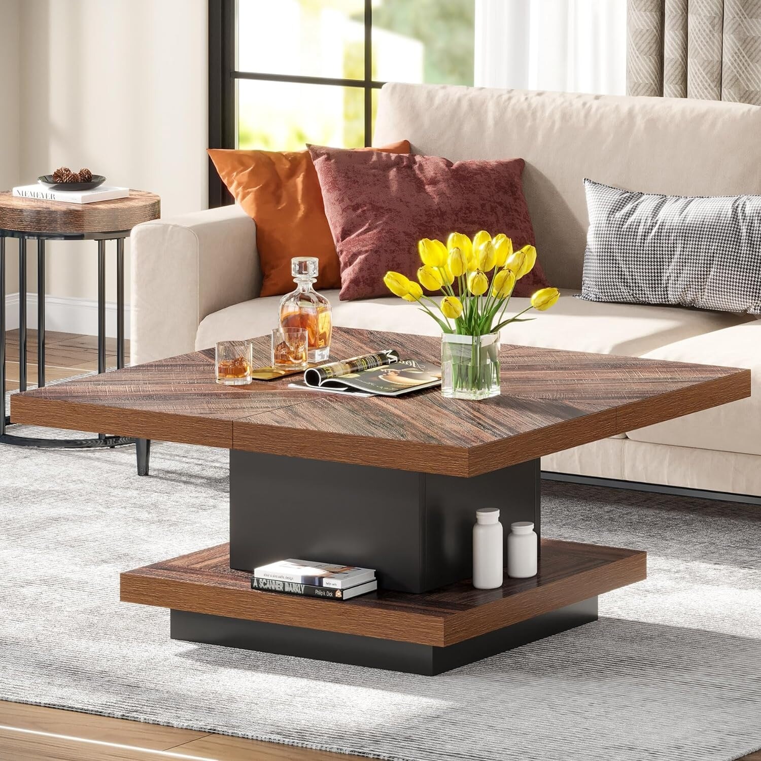 Vintage Square Coffee Table with Storage for Living Room