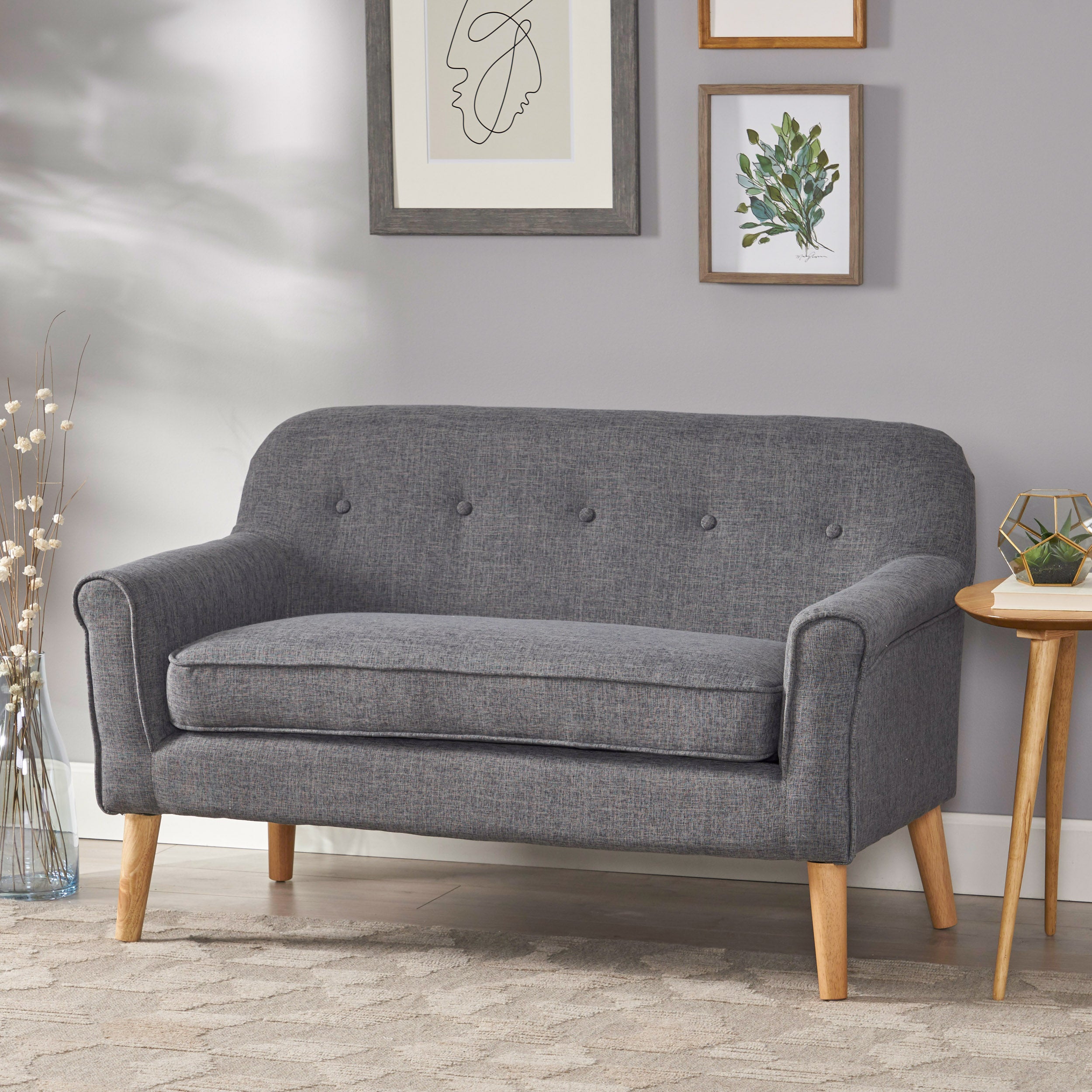 Mia Mid-Century Modern Button Tufted Fabric Upholstered Loveseat w/ Tapered Legs