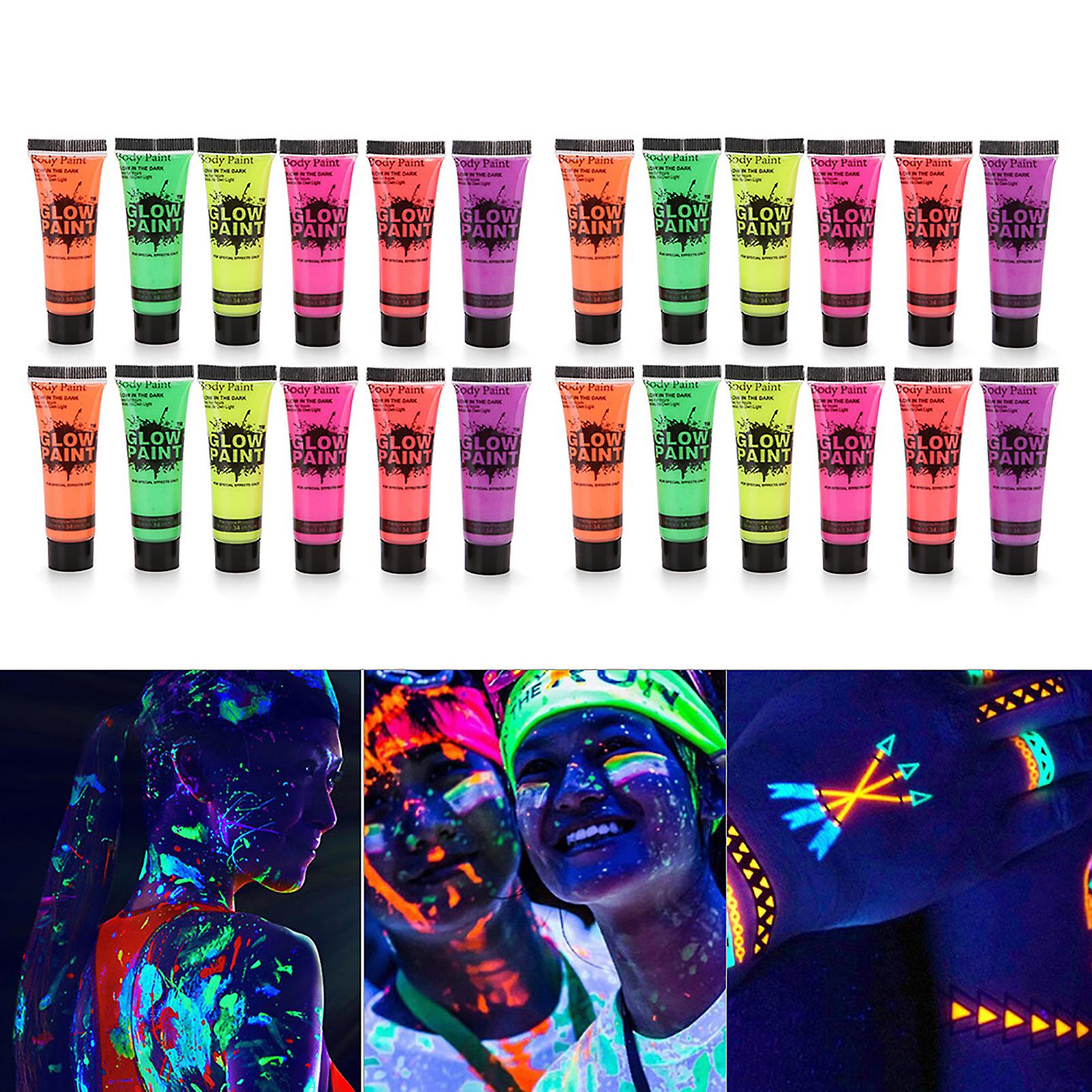 24 Tubes 10ml/0.34oz Art Body Paint Glow In Uv Light Face and Body Paint With 6 Colors Glow Blacklight Neon Fluorescent For Party Clubbing Festival Hall