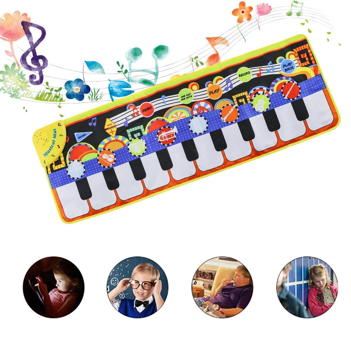 Piano Music Mat， Keyboard Play Mat Music Dance Mat with 19 Keys Piano Mat， 8 Selectable Musical Instruments Build-in Speaker and Recording Function for Kids Girls Boys， 43.3'' x14.2''