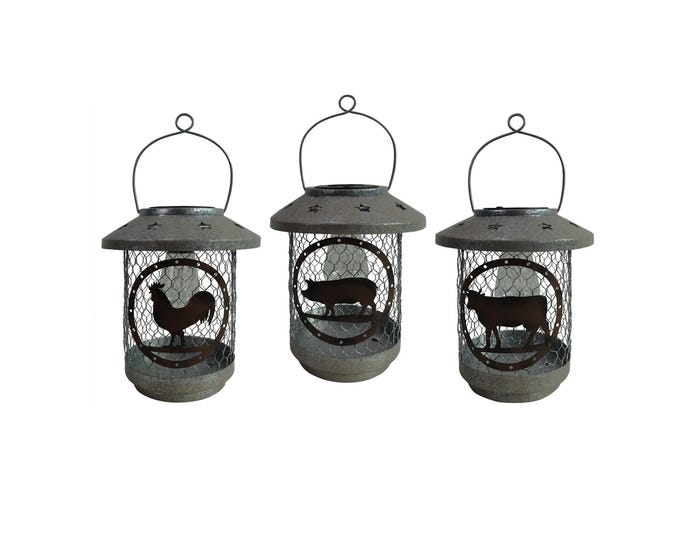 Alpine Assorted Solar Metal Farm Animal Lantern with Warm White String Lights - LJJ1486AHH-SLR