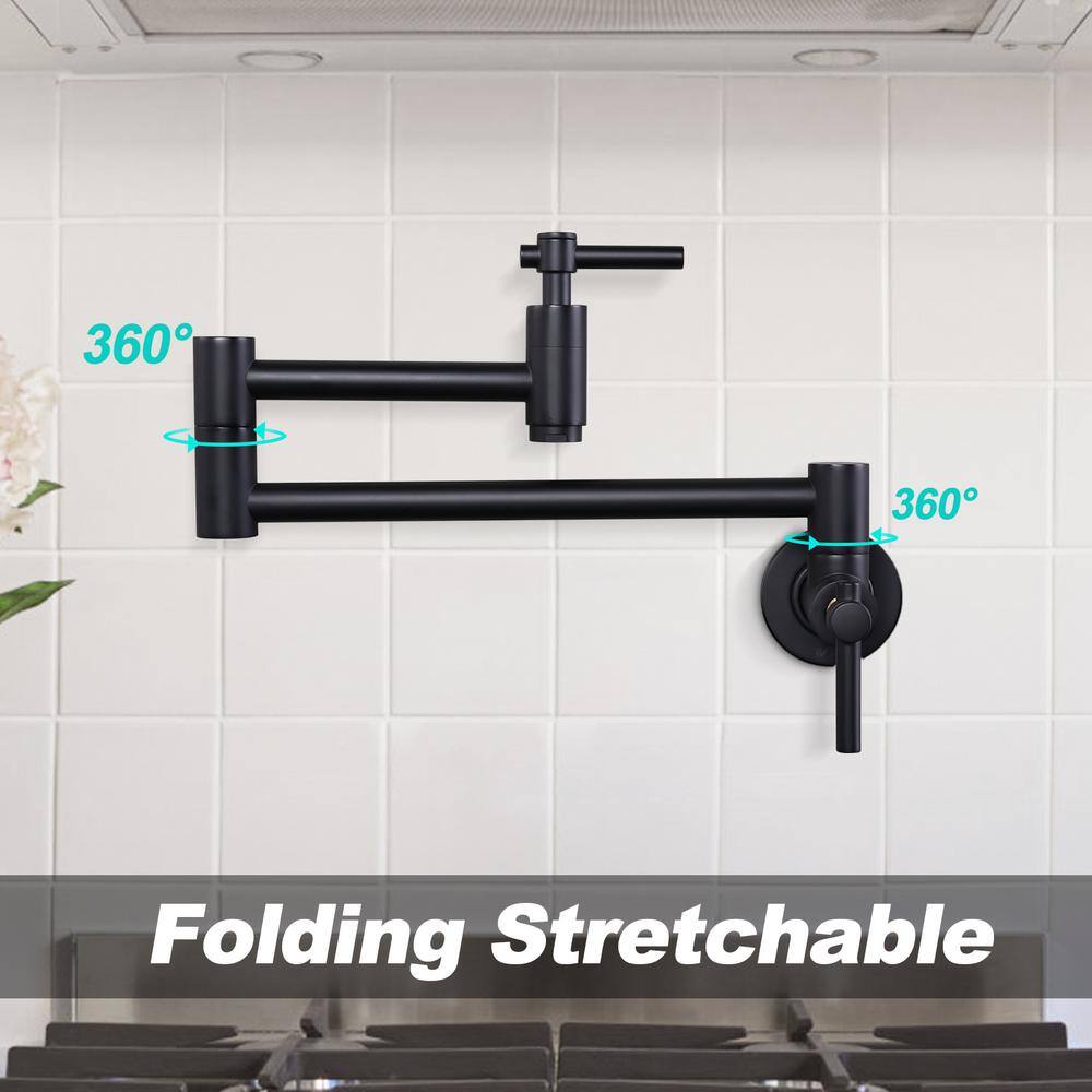 WOWOW Wall Mounted Pot Filler with Double Handles in Matte Black VG2313001B-BHHD