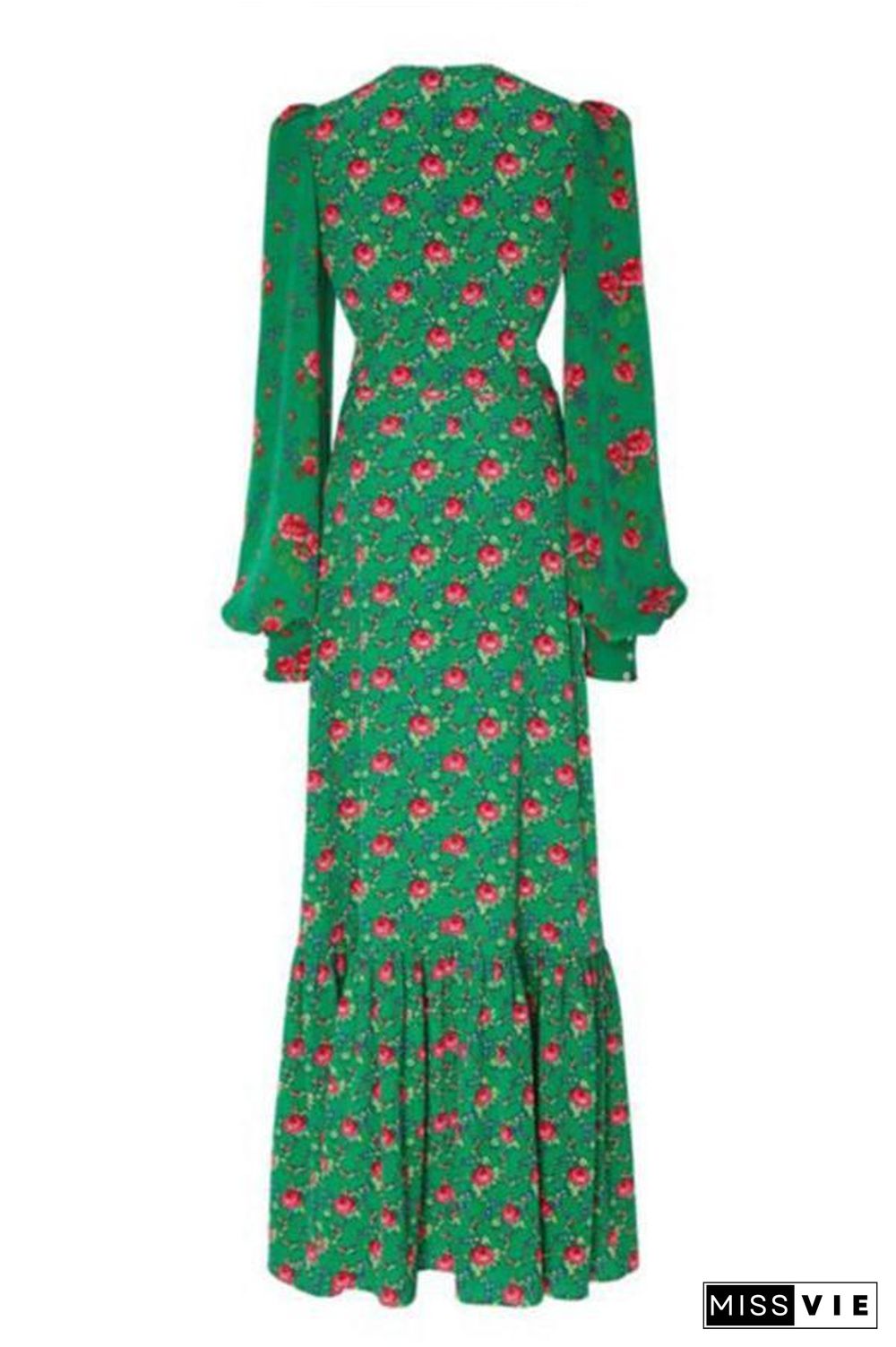 Floral Print Lantern Sleeve Green Maxi Dress P11873