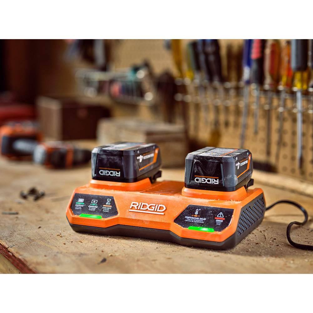 RIDGID 18V Dual Port Simultaneous Charger and 18V 4.0 Ah MAX Output Lithium-Ion Battery Kit AC86095-AC840040