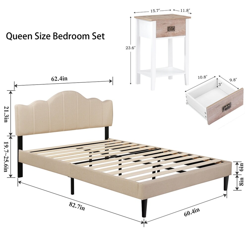 VECELO 3 Piece Upholstered Bedroom Set Tufted Adjustable Bed and Multi Color Nightstand Set of 2