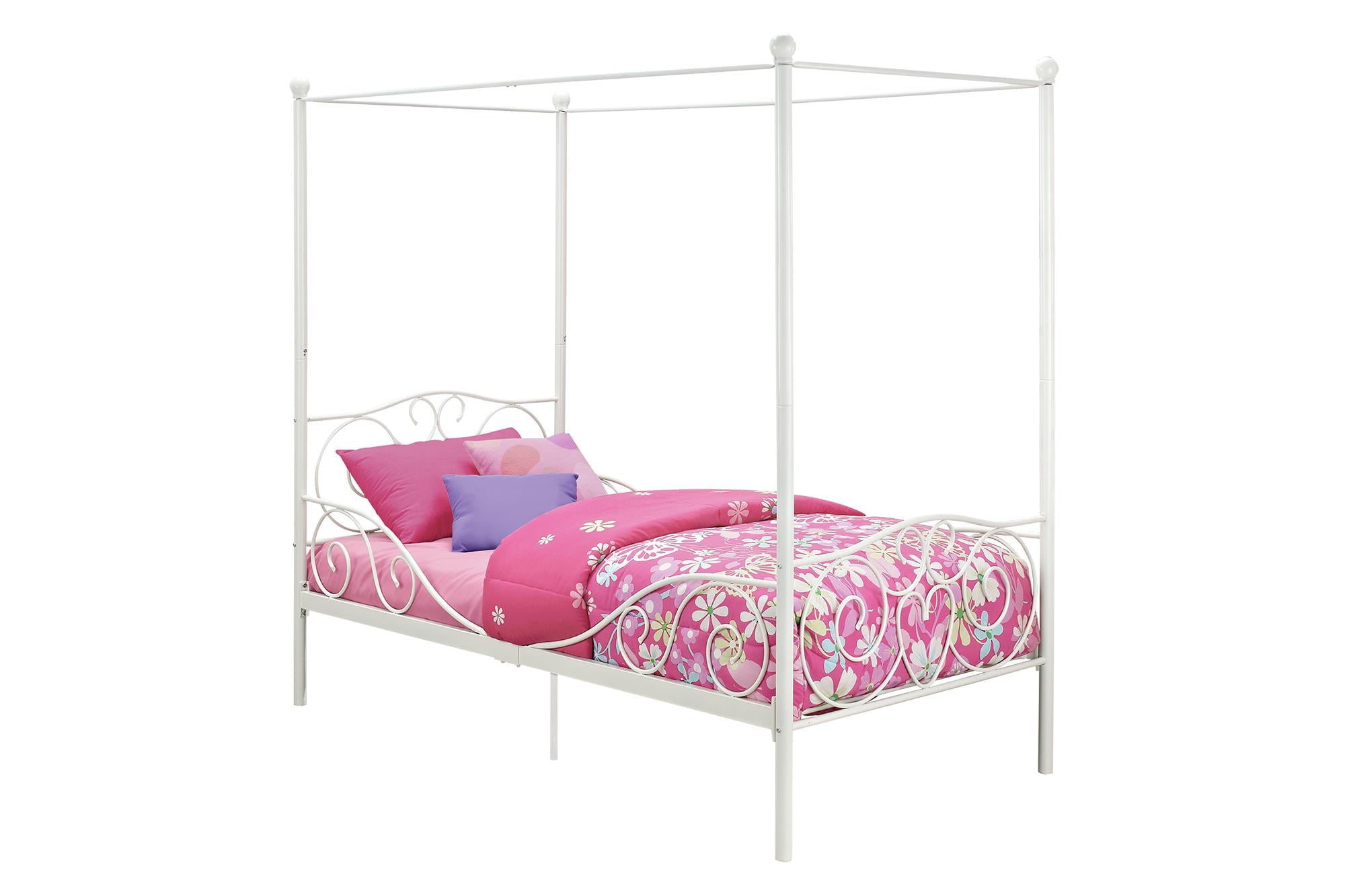 Elm & Oak Metal Canopy Kids Poster Bed, Twin, White