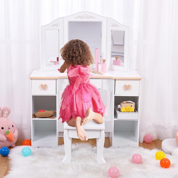 Kids Vanity Set With Mirror And Stool Wooden Girls Makeup Playset Princess Vanity Table For Kids Toddlers White