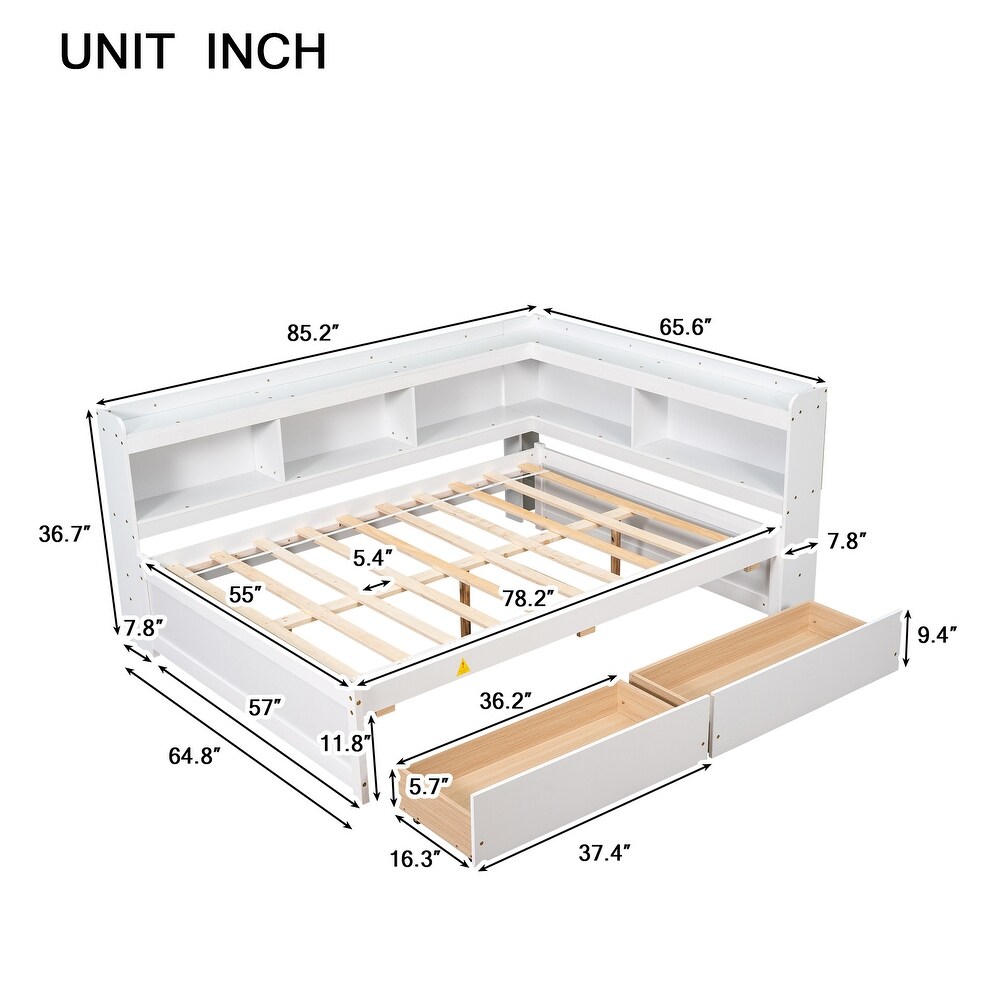 Full Bed with L shaped Bookcases  Drawers  White