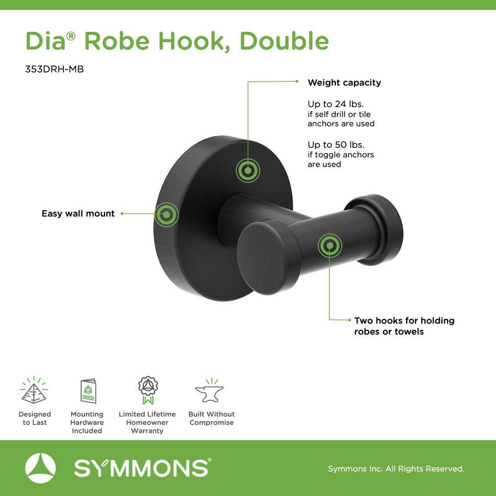 Symmons Dia Wall-Mounted Bathroom Double Robe Hook in Matte Black 353DRH-MB