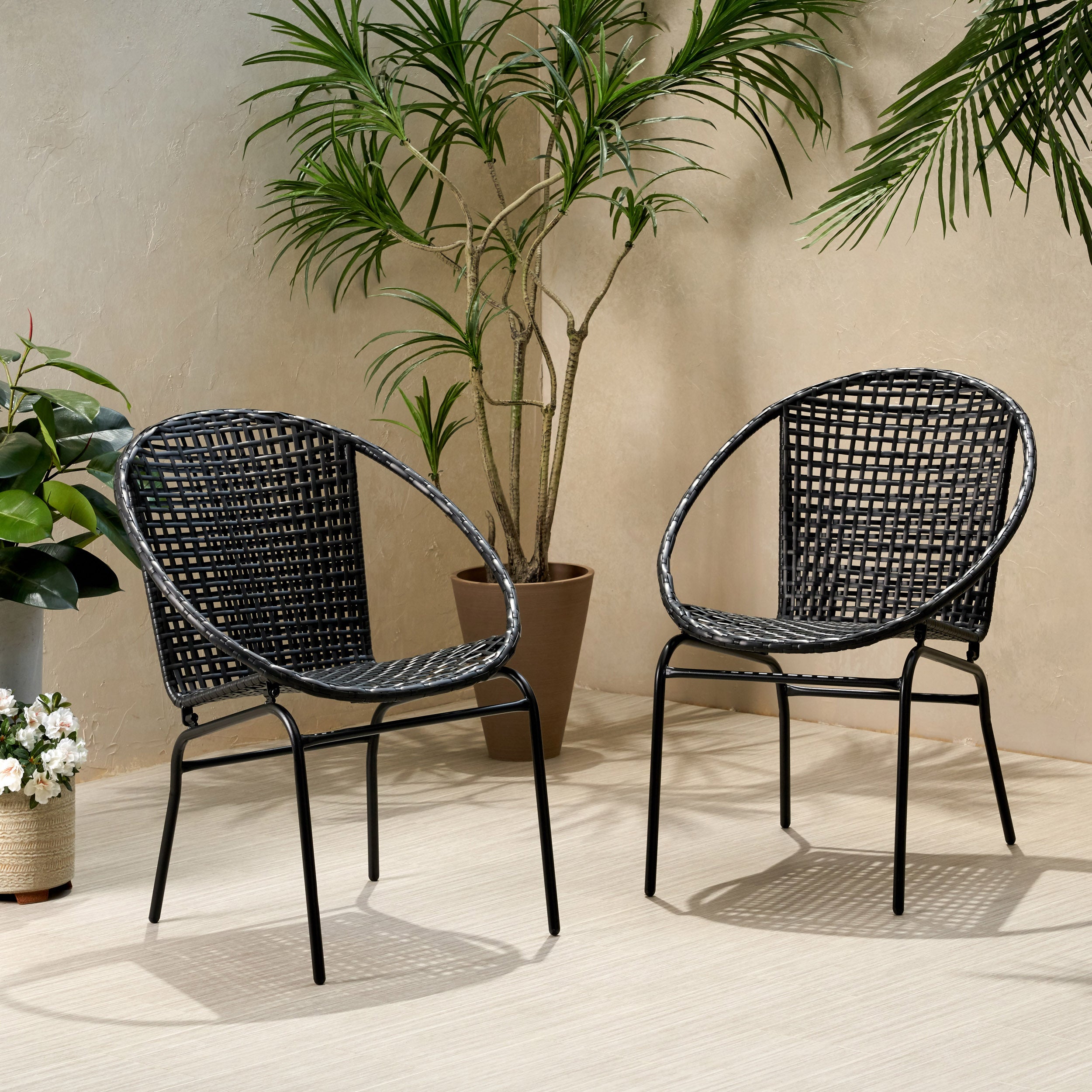 German Outdoor Modern Faux Rattan Club Chair (Set of 2)