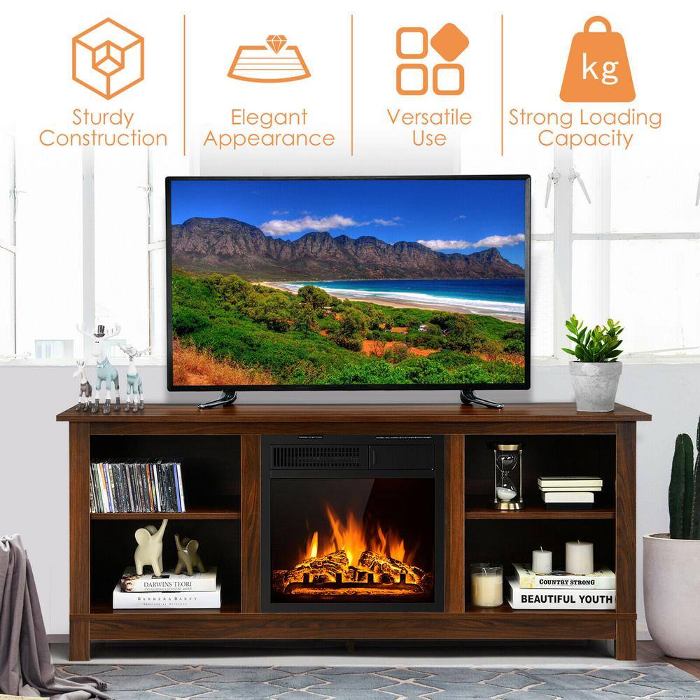 Gymax 58 in. Fireplace TV Stand with 18 in. 1500-Watt Electric Fireplace 65 in. Walnut (2-Tier) GYM06593