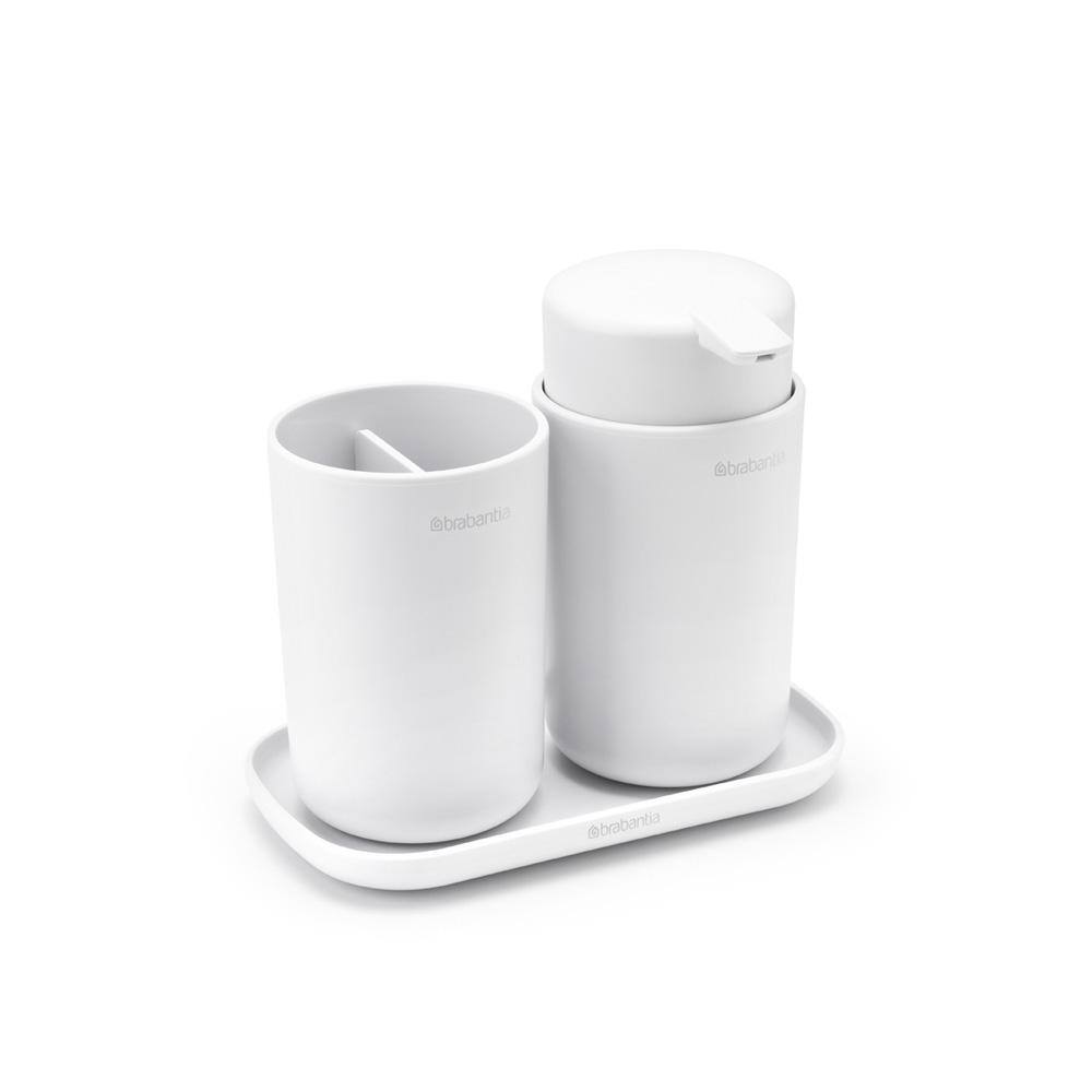 Brabantia ReNew 3-Piece Bathroom Accessory Set with Soap Pump Toothbrush Holder and Tray in White 280382