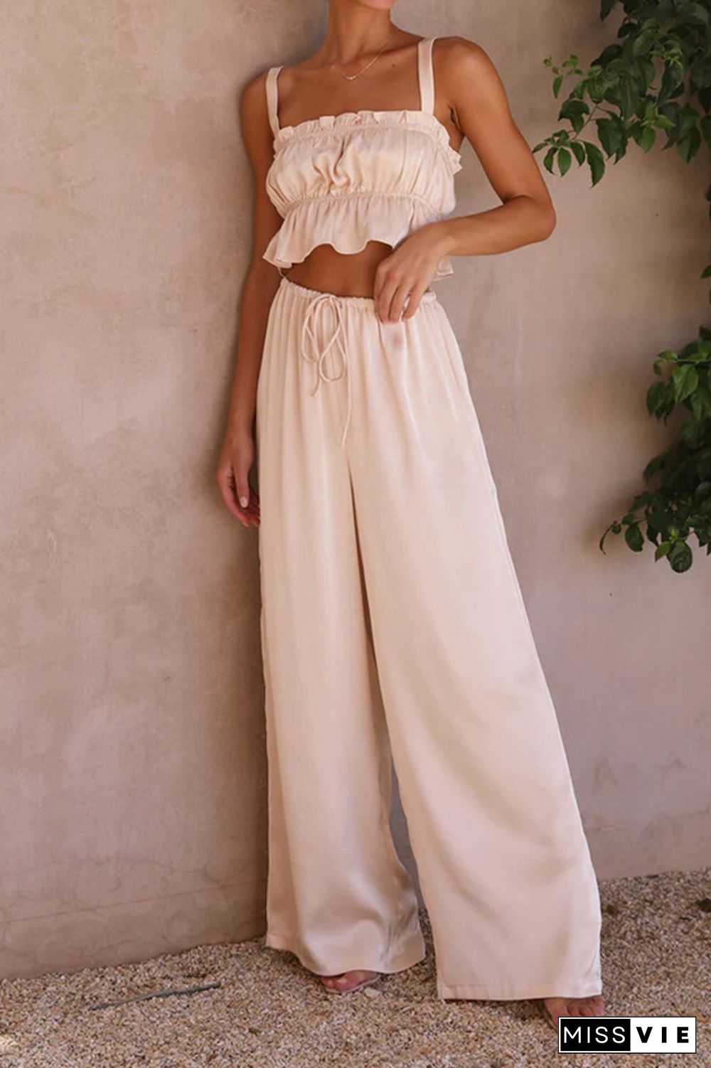 Plain Ruched Cami Crop Top With Wide Leg Pants 2pcs Set