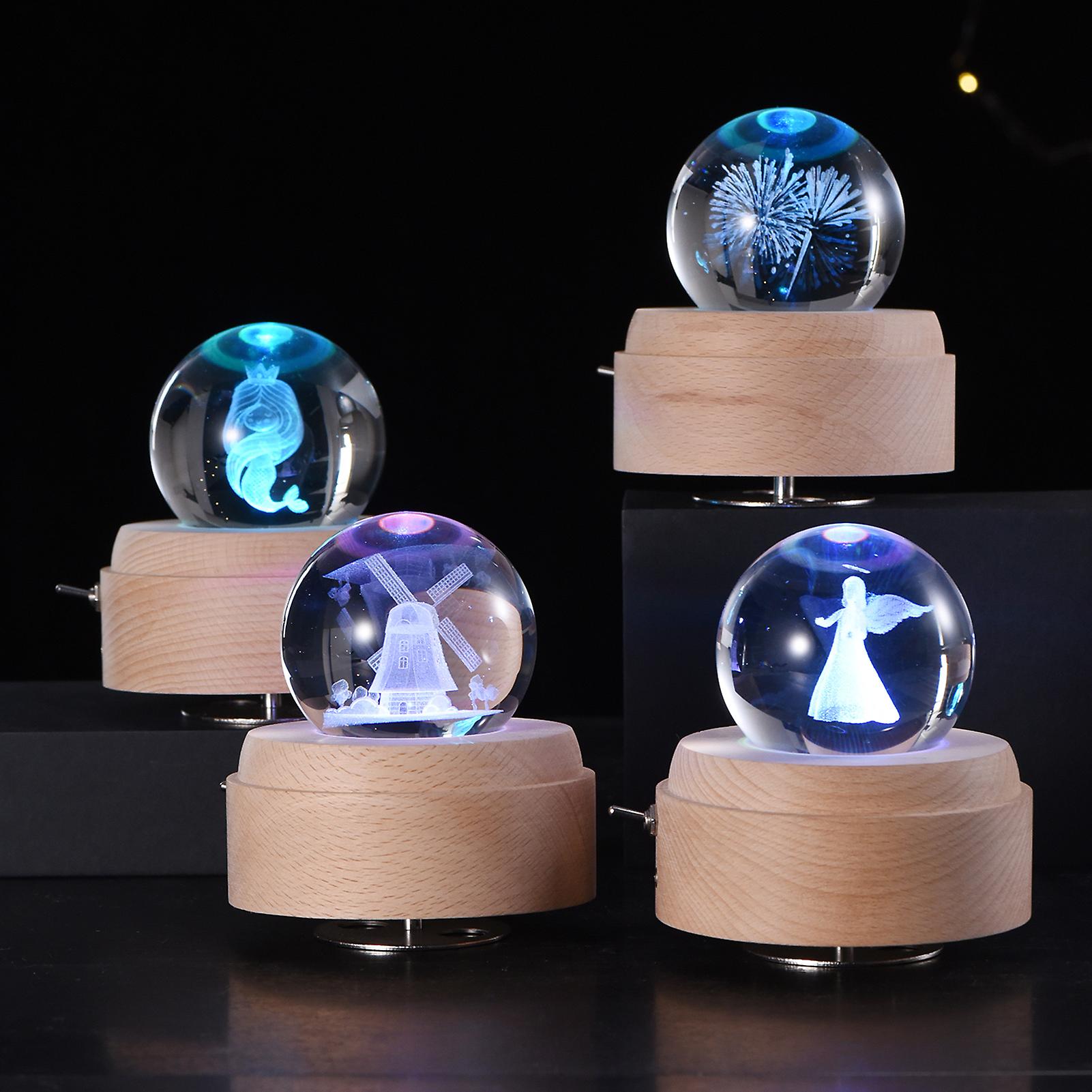 Crystal Ball Music Box Rotating Luminous Led Light Box Wooden Base Rotating Windup Musicbox Night Light Room Decor Musical Gift Nice Present For Birth