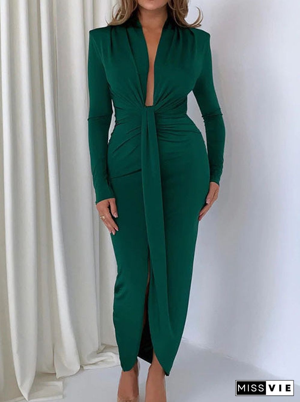 Women'S Dresses Deep V Neck Long Sleeve Slim Fit Slit Dress