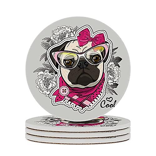 Round Drink Coasters 4 Pcs Dressed Pug With Flowers Absorbent Ceramic Coaster With Cork Base For Coffee Cups Housewarming Gift For Home Decor