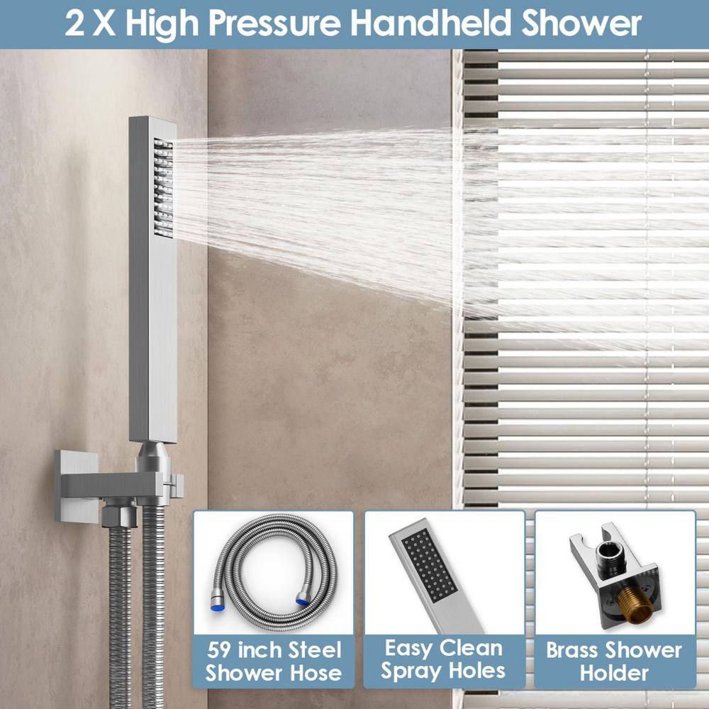 GRANDJOY Pressure Balance Temperature Display 3-Spray Ceiling Mount 12 in. Fixed Handheld Shower Head 2.5 GPM in Brushed Nickel GJSFS-1015-NK12