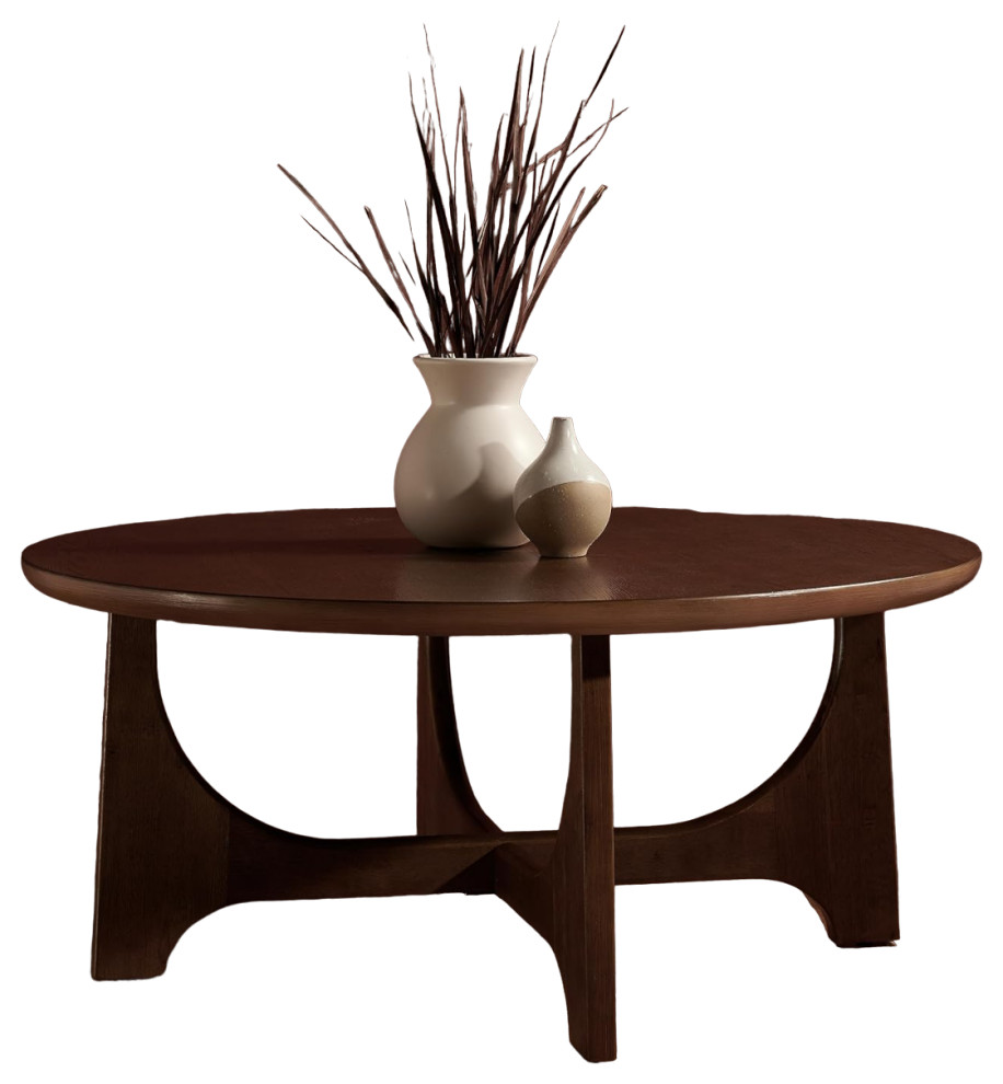 Retro Modern Coffee Table  Unique Crossed Base With Round Table  Medium Oak   Midcentury   Coffee Tables   by Decor Love  Houzz