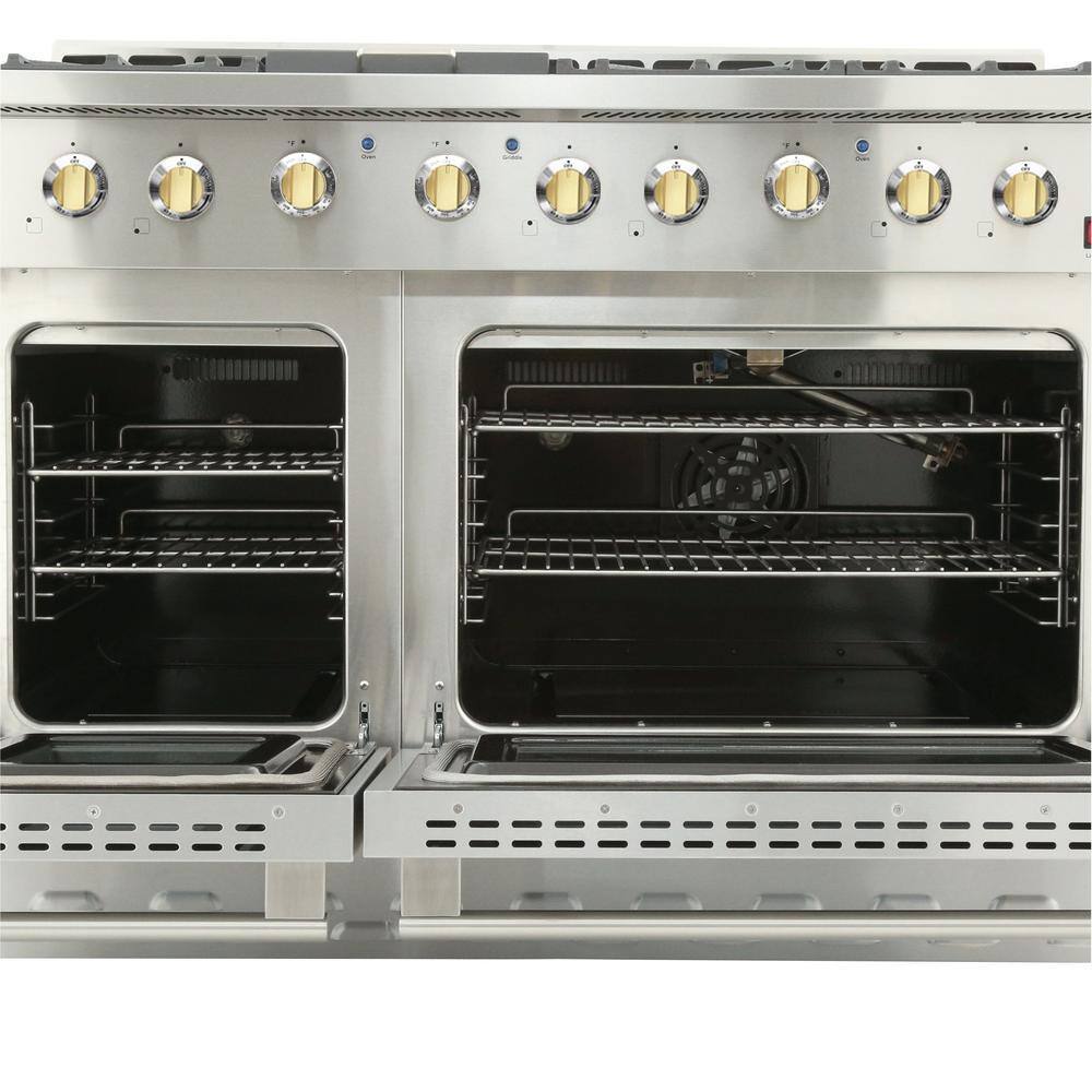 NXR Entree Bundle 48 in. 7.2 cu. ft. Pro-Style Gas Range with Convection Oven and Range Hood in Stainless Steel and Gold NK4811EHBD-G