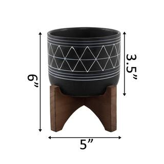 Vigoro 5 in. Newark Small BlackGold Geo Ceramic Planter (5 in. D x 6 in. H) with Wood Stand CT044-BKGD