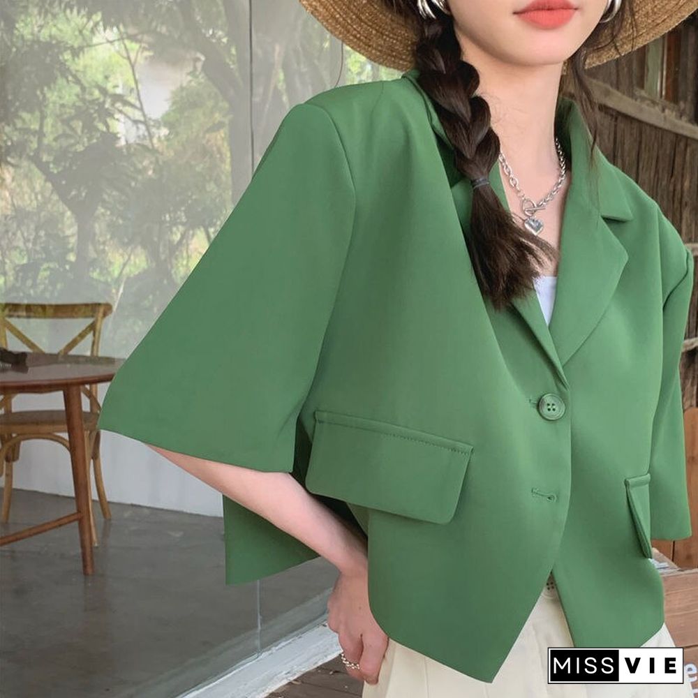 Fashion Streetwear Women Short Sleeve Suit Blazer Summer Loose Solid Top Casual Korean All-match Elegant Button Suit Blazer New