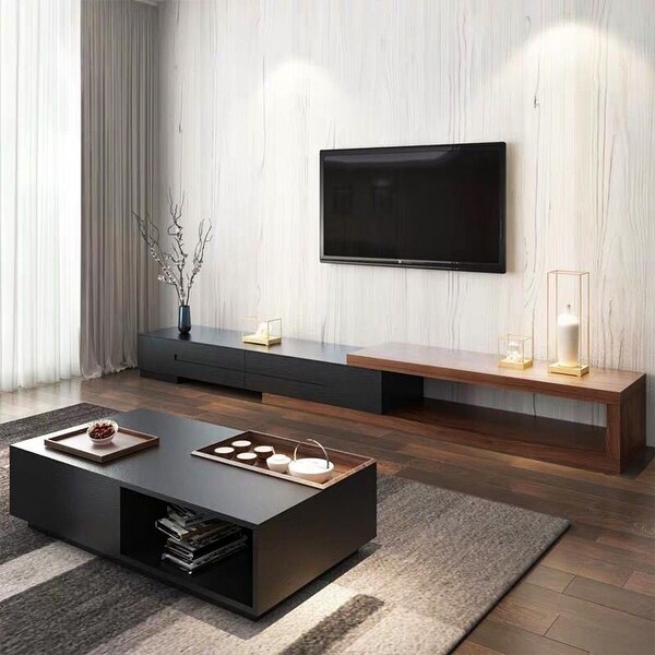 Modern Extendable White/Black TV Stand， Wood Media Console for Up to 70 Inch TV with 2 Drawers，78