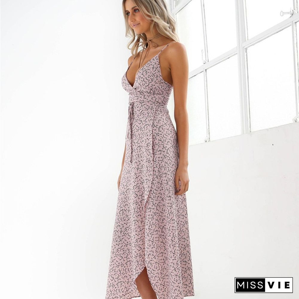 Women Summer Fashion Floral Print Deep V-Neck Sleeveless Slim Fit Split Long Dress