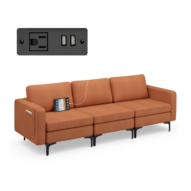 Costway Modular 3 seat Sofa Couch W Socket Usb Ports amp Side Storage Pocket Orange dark Grey