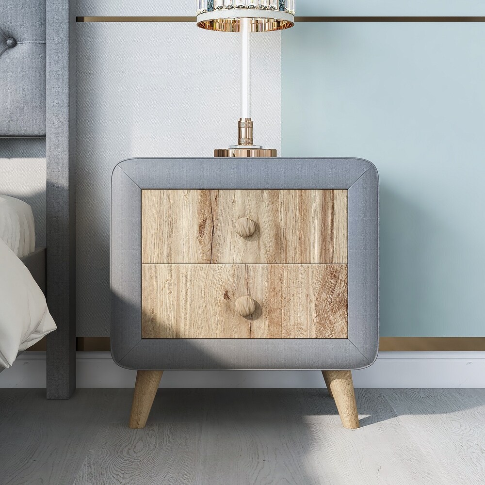 Upholstered Wooden Nightstand with 2 Drawers Fully Assembled Except Legs and Handles Bedside Table