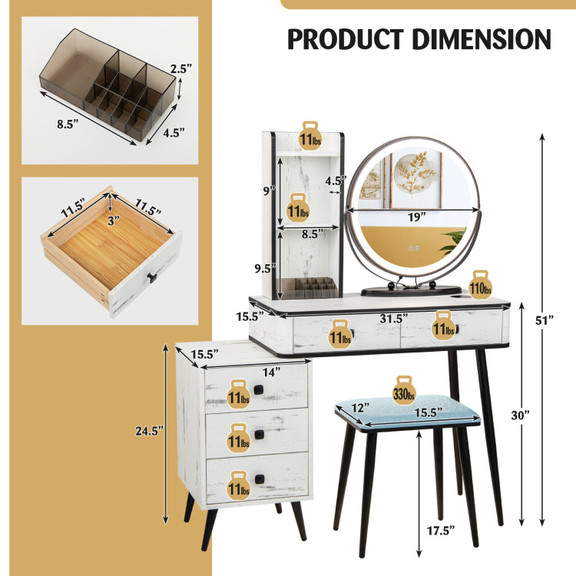 Costway 53619728 Vanity Table Set with 3 Color Lig...