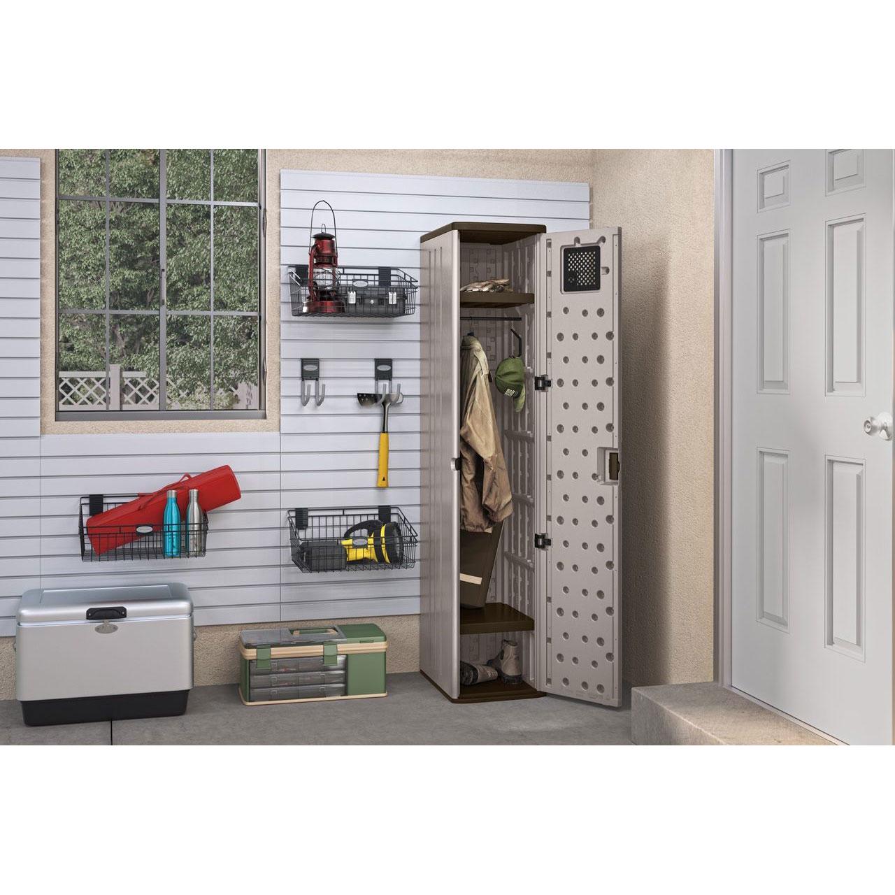 Suncast Tall Resin Storage Cabinet Locker 72 H x 15 W for Garage， Home， Shed， Platinum Metallic